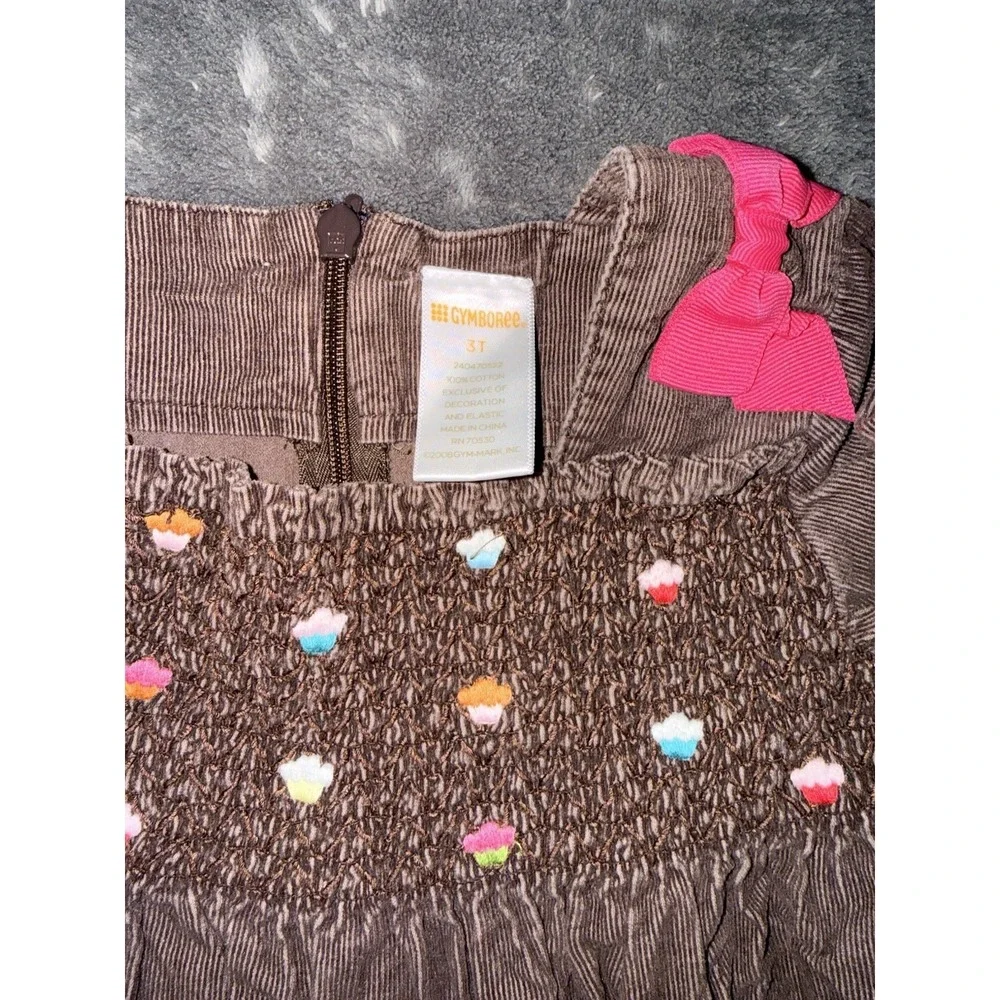 Vintage Gymboree Smocked Brown Corduroy Dress Embroidered Flowers Fall Bows